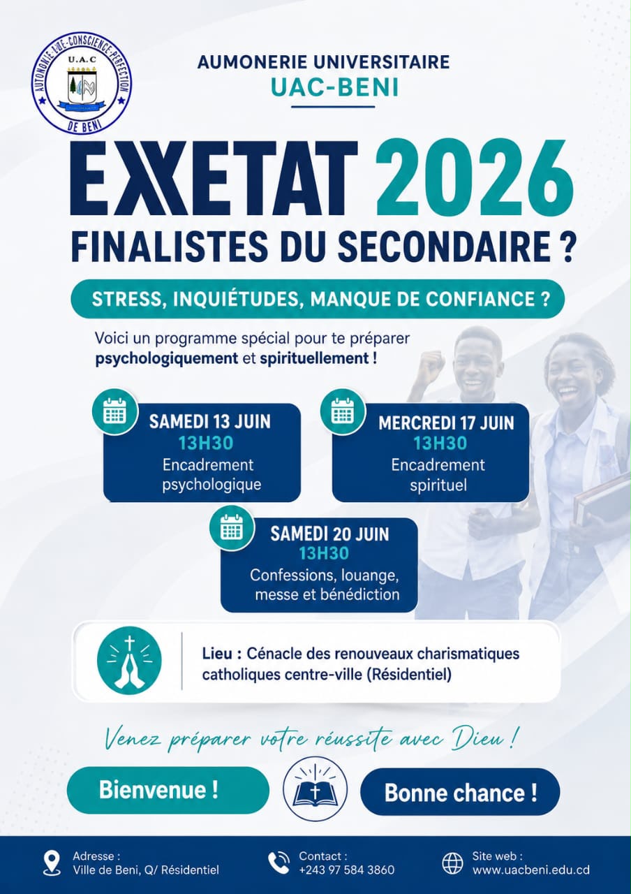Exetat 2026 : l’UAC-Beni lance un programme d’accompagnement psychospirituel pour aider les finalistes à surmonter le stress et les traumatismes